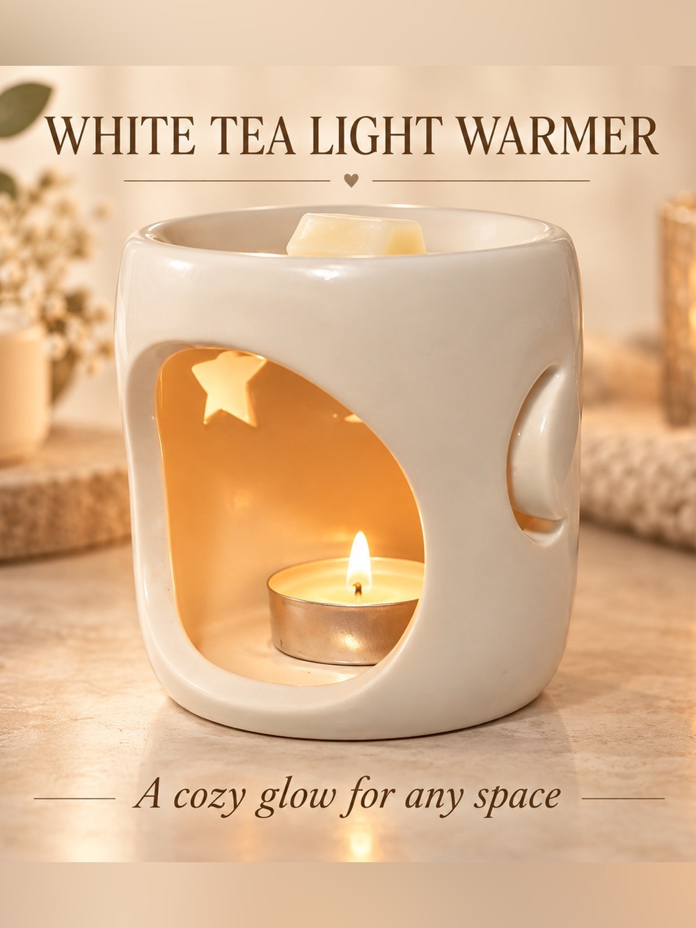 White Ceramic Tea Light Warmer - With Moon and Star Pattern